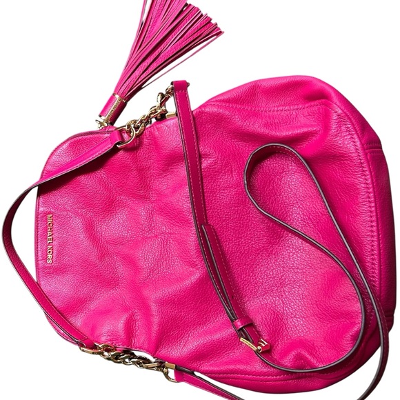 MICHAEL KORS BEDFORD TASSEL FUSCHIA PEBBLE LEATHER FLAP SHOULDER BAG CROSSBODY - Picture 7 of 16